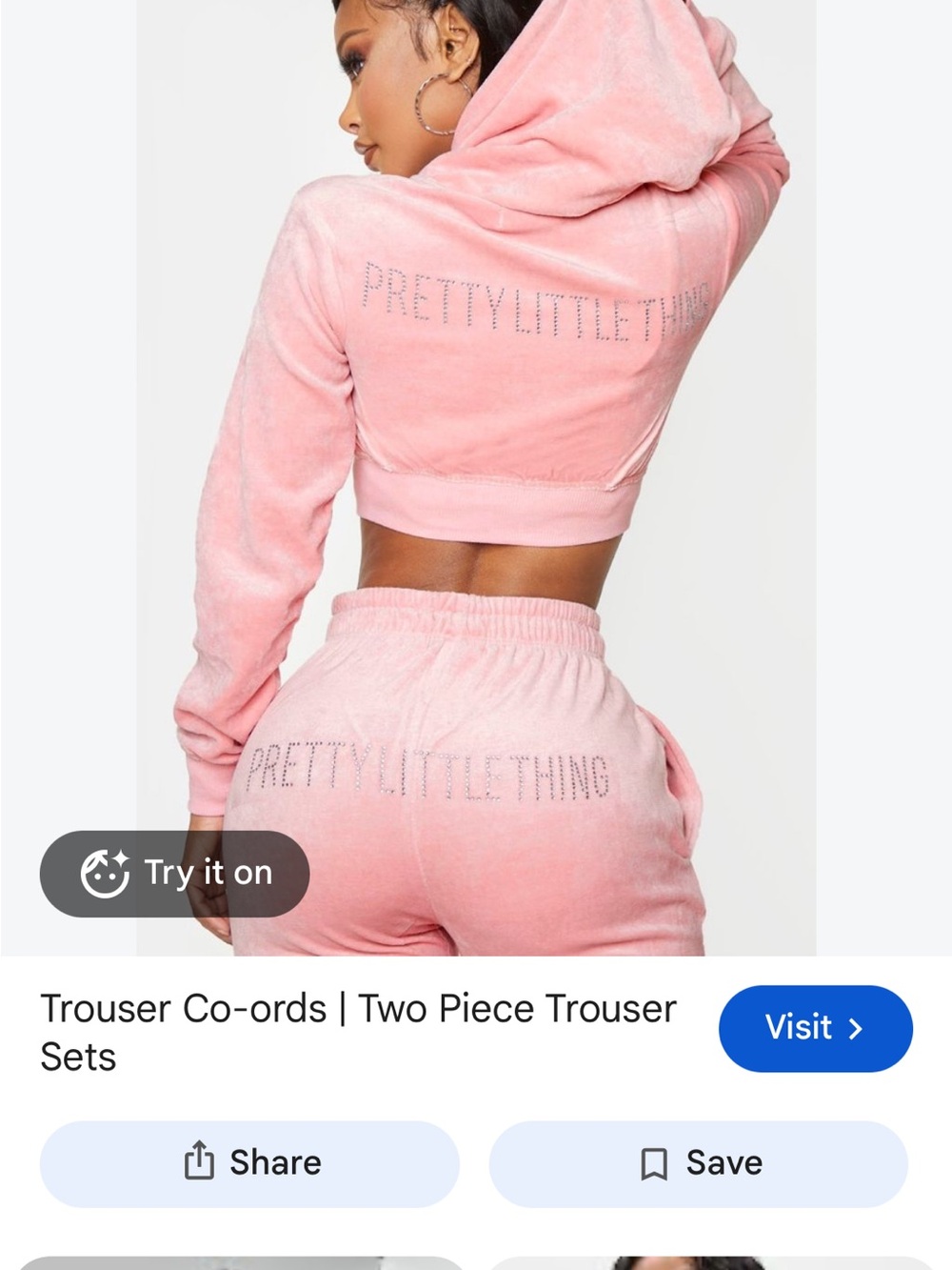 PrettyLittleThing Pink Velour Cropped Hoodie & Joggers Set with Rhinestone Logo